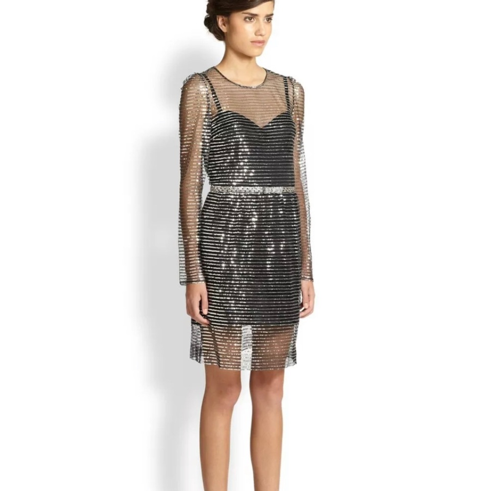 MARC JACOBS Stunning Black Silver Metal Sequin Long Sleeve Mini Cocktail Dress 6